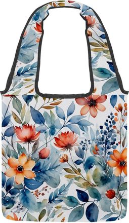 Generic Flowers and Green Leaves Reversible Canvas Shoulder Tote - Double-Sided Print, 12oz Cotton, 27cm Drop, Fold-Flat Bag for Travel, Shopping, Street Outi