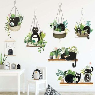 OEM Pegatinas De Pared De Cactus En Maceta Verde, Calcoman&iacute;as De Gato Negro Lindo, Pegatinas De Pared Diy, Calcoman&iacute;a De Pared De Planta Tropical, Pegatin