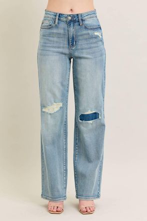 Judy Blue Destroy And Knee Patch Straight Jean In Blue