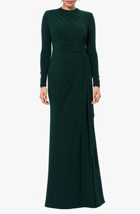 Betsy & Adam Side Ruffle Long Sleeve Gown in Forest at Nordstrom, Size 10P