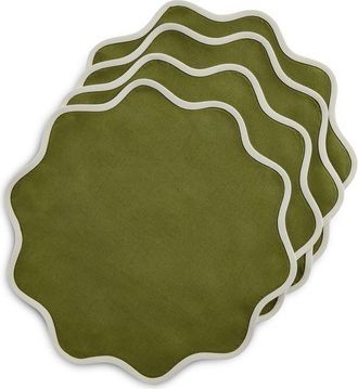 Solino Home Linen Placemats Set of 4, 16 Inch Round for Dining Table, Holiday and Everyday Table Decor - Giselle Scallop Edge in Ivory And Avocado at