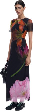 Desigual Roterdam Long Fitted Floral Tulle Dress 25SWVK12 Black