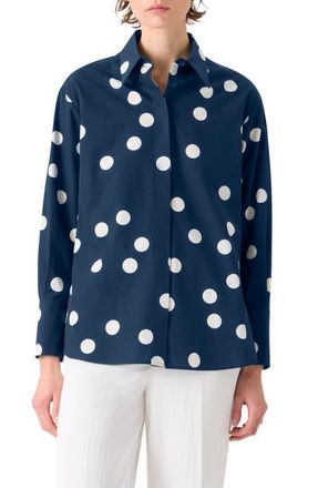 Akris Polka Dot Cotton Poplin Button-Up Shirt in Dark Blue-Cream at Nordstrom, Size 10