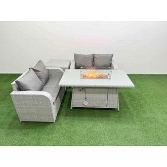Fimous 4 Seater Outdoor Love Sofa Set Rattan Garden Furniture Set with Firepit Dining Table Side Table Light Grey - Fimous
