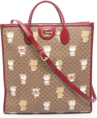 Gucci Brown Multi-Color Red Color Pvc Coated Canvas Leather Handbag Tote Bag (Pre-Owned)