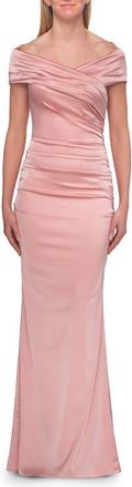La Femme Off-the-Shoulder Ruched Satin Evening Gown in Blush at Nordstrom, Size 16