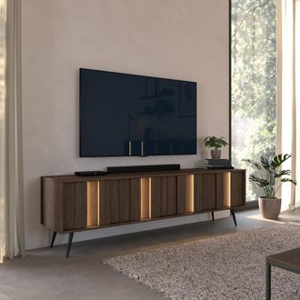 Dmora Mueble Para Tv Kafami, Un Estante, 4 Puertas, Con Luz Led, 183x40x54h Cm Marr&oacute;n Nogal