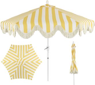 Jonathan Y Designs Collins 9 ft. Classic Cottage Fringe Tassel Market Patio Umbrella with Auto-Tilt Crank in Mustard Yellow - White Pole at Nordstrom