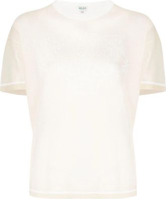 Kenzo Tiger Logo Mesh Gebreid T-shirt - Dames - Ronde hals truien - Wit - S - Katoen - Truien & Vesten