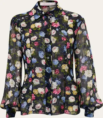 Carolina Herrera Isabella Rose-Print Silk Chiffon Button-Down Shirt