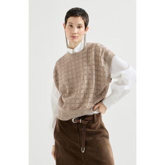 Brunello Cucinelli Cashmere knit t-shirt with dazzling windowpane embroidery in Beige at Nordstrom, Size Medium