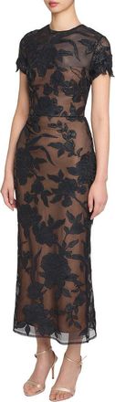 Marchesa Leather Guipure Sheath Maxi Dress