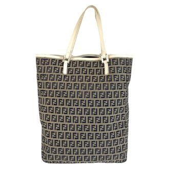 Fendi Gray White Canvas Leather Handbag Tote Bag (Pre-Owned)