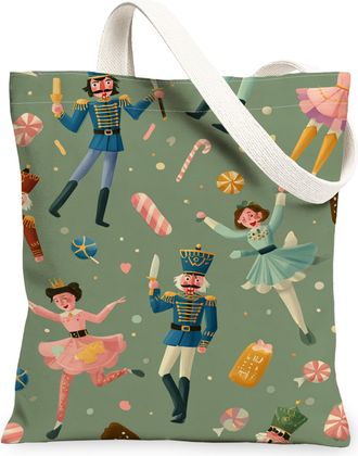 Generic Nutcracker Holiday Canvas Tote Bags, Festive Characters Print Reusable Grocery Bags, Winter Playful Lightweight Washable Sh, Green, 13x15 Inch