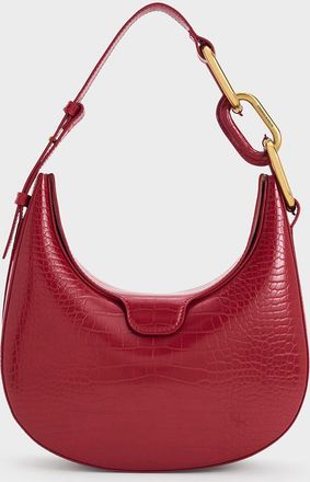 Charles & Keith Kora Croc-Effect Metallic-Accent Moon Bag