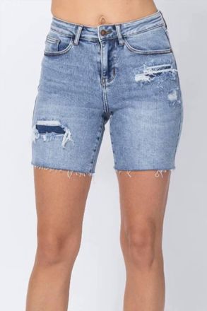 Judy Blue Womens Ariel Denim Patch High Rise Mid Length Shorts In Blue