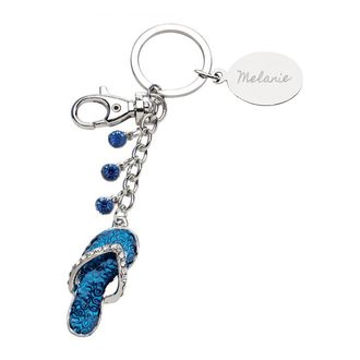 Generic Glitzy Turquoise Flip Flop Design Keyring, Personalised with Name or Initials Oval Tag, Presented in Velvet Pouch