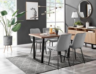 Furniturebox Kylo Brown Wood Effect Dining Table With Black U Legs & 4 Pesaro Velvet Chairs in Grey