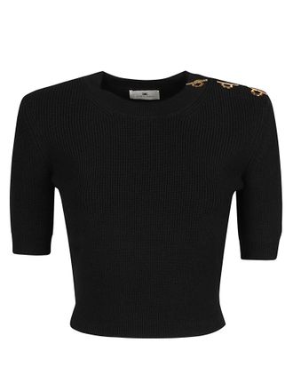 Elisabetta Franchi Fitted Cropped Sweater with Round Neckline and Gold-tone Embellishments