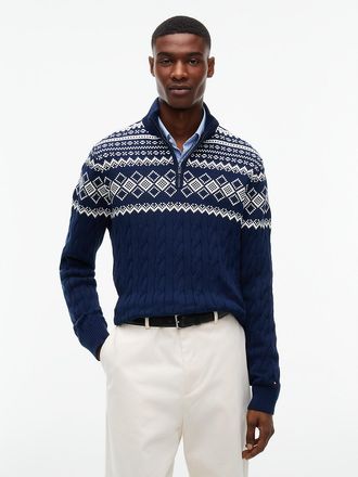 Tommy Hilfiger Mens Fair Isle Cable Knit Quarter-Zip Sweater - Carbon Navy - XXXL