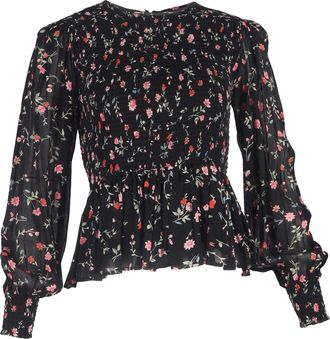 Ganni Ganni Elm Shirred Printed Georgette Peplum Blouse in Multicolor Viscose