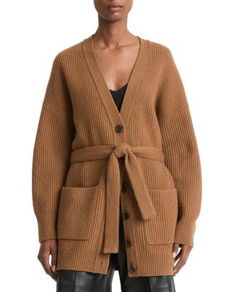 Vince Leather Belt Ribbed Wool & Cashmere-Blend Cardigan