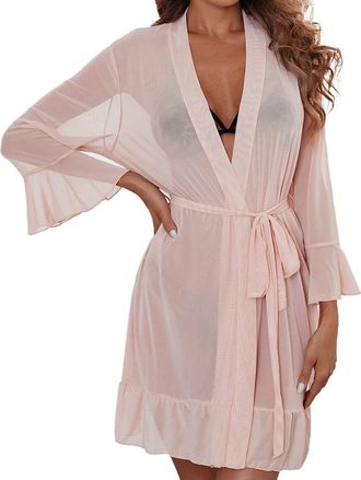 Generic Womens Sheer Mesh Robe with Lace Trim, Sexy Lingerie Cover-Up, Lightweight Sleepwear, Flowy Kimono Style Dressing Gown, Elegant See-Through Babydoll N