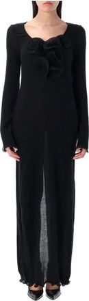 Magda Butrym Zwarte Crepe Maxi Jurk met Bloemen Ruche - Dames - Maxi kleedjes - Zwart - XS - Polyester - Kleedjes