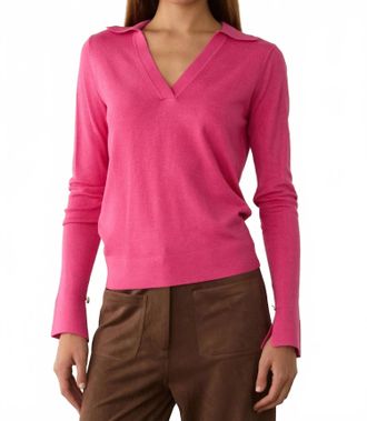 Skies Are Blue Clothing Collared V Neck Sweater Top In Hot Pink