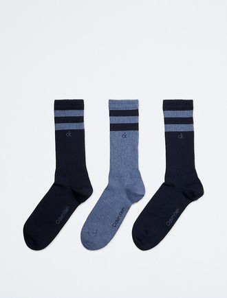Calvin Klein Mens Double Stripe Logo 3-Pack Crew Socks - Blue