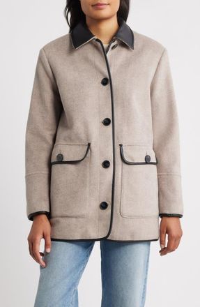Bernardo Button Front Coat with Faux Leather Trim in Heather Taupe at Nordstrom, Size Xx-Large