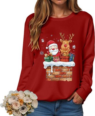 Generic Christmas Sweatshirts Women UK Xmas Top Ladies Merry Christmas Tree and Snowflake Printed Top Crewneck Long Sleeve Loose Fit Funny Reindeer Xmas Jumpe