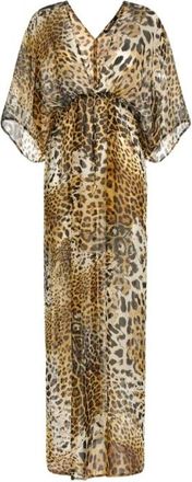 Roberto Cavalli Badmode, Dames, Bruin, 2Xs, Lange kaftan met jaguarhuidprint