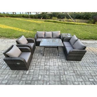 Fimous 7 Seater High Back pe Rattan Sofa Set Outdoor Garden Furniture Dining Table Set With Reclining Chair 3 Seater Sofa Love Sofa 2 Side Tables - Fimous