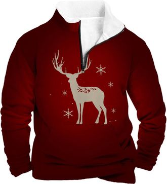 Generic Mens Christmas Jumpers 1/4 Zip Fleece Ugly Christmas Sweatshirt Mens Long Sleeve Collar Xmas Tree Jumper Pullover Winter Warm Funny Printed Xmas Sweat