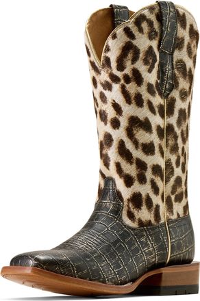 Ariat Womens Frontier Farrah Wide Square Toe Western Boots in Midnight Croc Print Gilded Leopard Hair On, B Medium Width, Size 5.5, by Ariat
