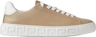 Versace Schoenen, Dames, Beige, 38 1/2 EU, Greca Leren Sneakers