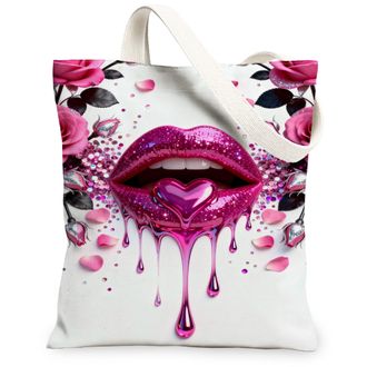 Generic Funky Floral Canvas Tote Bags, Elegant Lip Print Design Reusable Grocery Bags, Summer Chic Lightweight Washable Shoulder St, Peach, 13x15 Inch