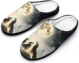 Generic Wolf Howling to The Moon Womens Slippers Warm House Slippers Indoor House Shoes with Anti-Skid Rubber Sole