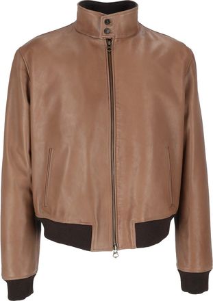 STEWART Brown Leather Jacket with Ribbed Knit Details