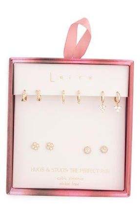 Leith 5-Pack Assorted Stud & Huggie Hoop Earrings in Clear- Gold at Nordstrom Rack