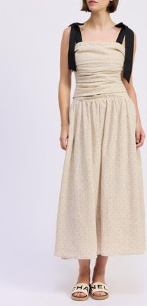 En Saison Blakely Pin Dot Tie Strap Midi Dress in Natural Black at Nordstrom, Size X-Small