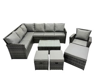 Fimous 10 Seat Poly Rattan Corner Sofa Set with 3 Stools Chair in Dark Grey