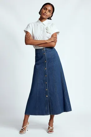 Exquise Aliana Denim Midi Skirt in Indigo at Nordstrom, Size Large