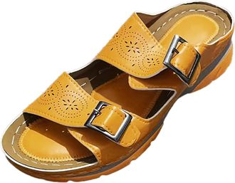 Generic Women Wedge Sandals Cut Out Double Strap Sandals Solid Color Leather Sandal Fashion Buckle Sandal Casual Soft Shoes Summer Wide Walking Shoes Comfort 