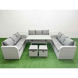 Fimous Pe Rattan Lounge Sofa Set 11 Seater Outdoor Garden Furniture Set with Rectangular Dining Table 3 Seater Sofa 2 Stools 2 Side Table Light Grey - Fimous