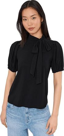 CeCe by Cynthia Steffe Short Sleeve Tie Neck Bow Knit Top Womens Clothing Rich Black : LG, Polyester/Spandex
