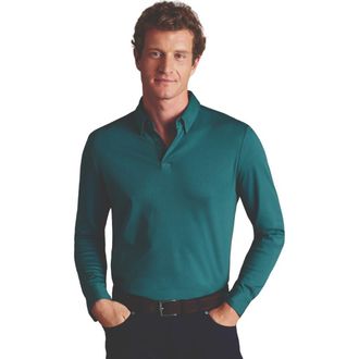 CHARLES TYRWHITT Plain Long Sleeve Jersey Polo in Teal Green at Nordstrom, Size Xx-Large