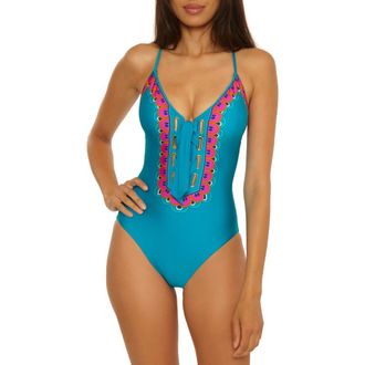 Trina Turk Mykonos Lace Up One-Piece Swimsuit in Elysian Teal at Nordstrom, Size 12