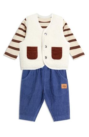 JoJo Maman B&eacute;b&eacute; Long Sleeve T-Shirt, Reversible Teddy Vest & Pants Set in Brown at Nordstrom, Size 0-3M